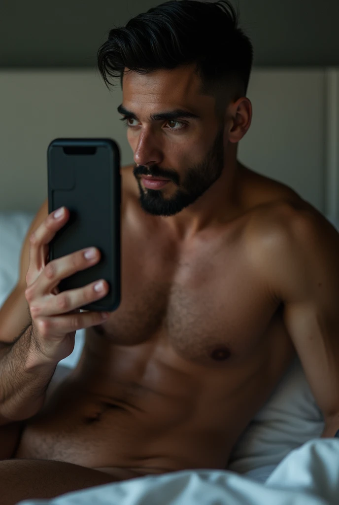 Naked private body of a black-haired, black-bearded, shaved, muscular man lying on the bed, taking selfie from the phone screen