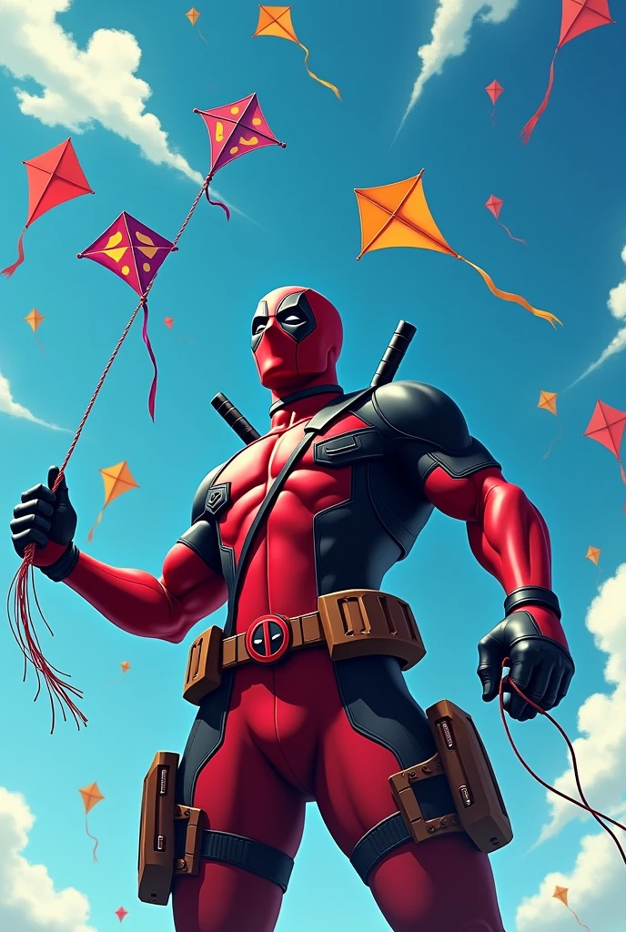 Deadpool with a spool of line in his right hand and 3 kites in his left hand and the blue sky full of kites