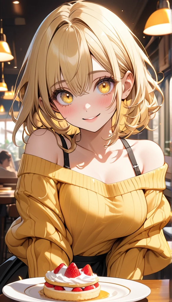 masterpiece, absurdres, best quality, ultra detailed, high Resolution, detailed illustration, extremely beautiful detailed face and eyes, bright colour, 1girl, cute face, Delicate beautiful face, yellow eyes, cute eyes, sparkling eyes, big eyes, medium breasts, (perky breasts:1.1), (pointy breasts:1.1), medium hips, glamorous body, white skin, smile, BREAK, long bob cut, (blonde hair:0.8), messy hair, detailed hair, shiny hair, BREAK off shoulder yellow sweater, long black skirt, tiny ribbon, restaurant, shortcake, real world, natural lights, perfect lighting,