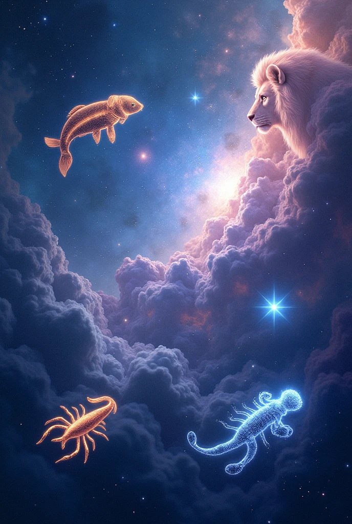 
1. **Galactic Background**: Create a background that mimics outer space, with a mix of nebulae in deep blue tones, roxo e rosa. Add twinkling stars and constellations to create a sense of vastness and mystery.

2. **Signs Symbols**: Include the astrological symbols of the signs in a floating and ethereal way. Each symbol should have a bright and smooth effect, as if it were made of stardust or cosmic light. Position them in different areas of the background, some closer and others farther away, to create depth.

3. **Representative Elements**: Add additional elements that reflect the dreams associated with each sign. For example:
   - **Pisces**: Pisces etéreos nadando em um espaço aquático estrelado.
   - **Lion**: A lion figure made of stars, with a brilliant mane.
   - **Scorpion**: A bright scorpion made of stardust with an illuminated tail.
   - **twins**: Two twin figures made of starlight, interacting in space.

4. **Texture and Effects**: Use soft stardust textures and glow effects to give a magical and dreamlike touch. Add halos of light around the symbols and representative elements to enhance the feeling of dream and imagination.