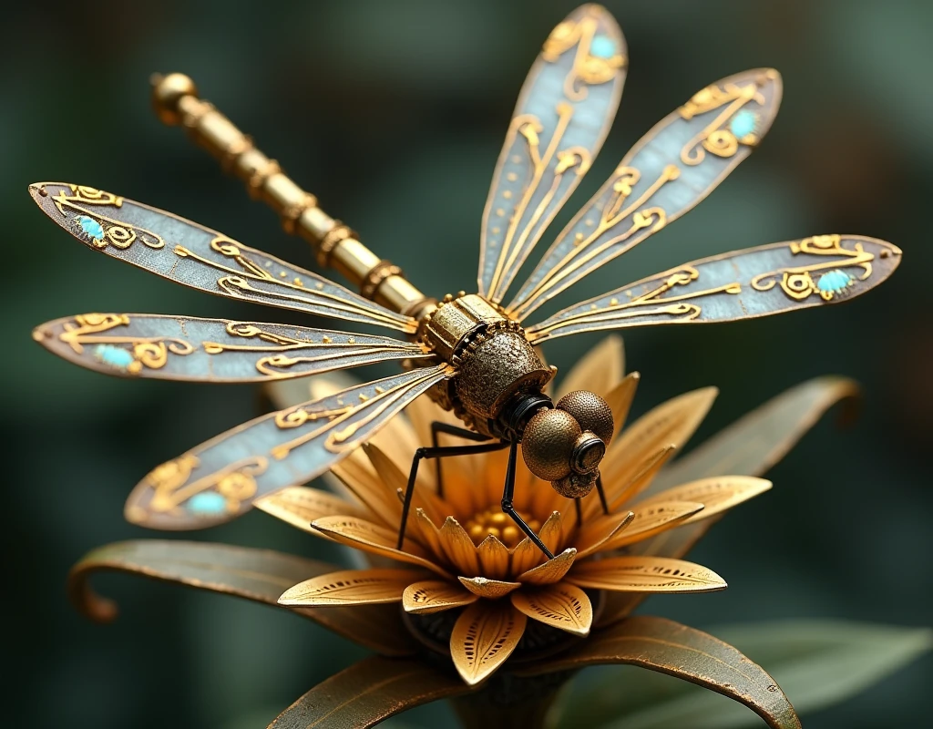 magic mechanical elegant dragonfly, ancient mechanism, fantasy art, ancient civilization, sitting on the bronze mechanical flower, from above