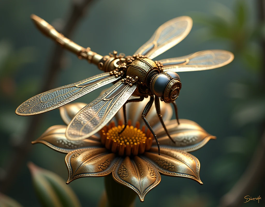 magic mechanical elegant dragonfly, ancient mechanism, fantasy art, ancient civilization, sitting on the bronze mechanical flower, from above