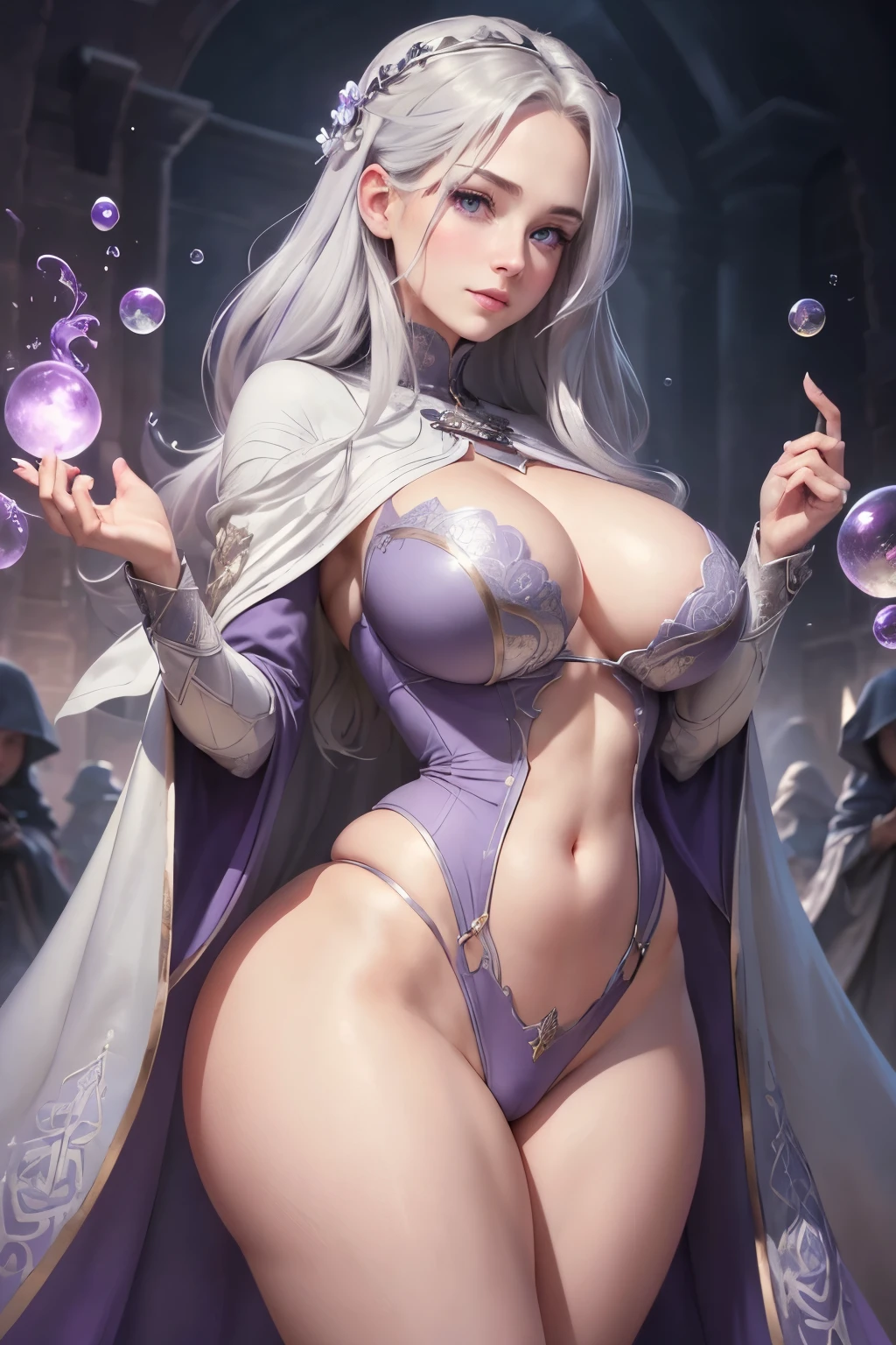 (Triplets), (chest covered), smile, (gray skin), (pale golden hair:1.1), (violet eyes:1.1), perfect clothing of (white and silver color) with (cloaks of deep blue or purple:1.1), (village background:1.1), (very precise detailed), (highres), (hyper realistic), (highest detailed), (masterpiece), (best quality), (high resolution), (sharp focused), (wallpaper), (intricate detail), (highest quality), (detailed face and eyes:1.2), (perfect anatomy), (round breasts), (bubble butt), (wide hips:1.1), (slim waist:1.1), (thick thighs:1.1), (detailed background), (perfect nails:1.1), (detailed hand and finger:1.2), (medium breasts:1.2), (busty), (deep cleavage:1.2), (labia outline:1.3), (hard teat:1.3).