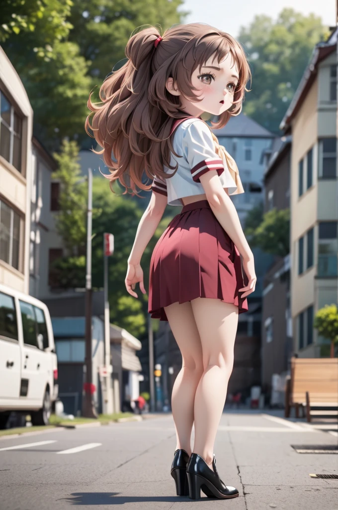 masterpiece, Highest quality, Official Art, 8k wallpaper, Very detailed, shape, A small, cute one, Brown Hair, Wide Hips, Big Ass, Round ass, Wearing high heels, Tight pencil skirt, Sailor Top,  Are standing, From the side, From below, surprised.underwear