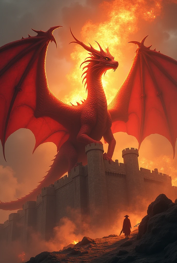 Red dragon spitting fire flying behind a castle