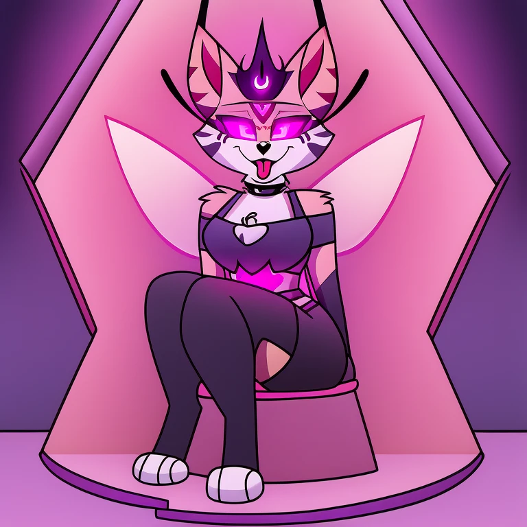 (Queen Bee hellhound) in (brainwashing chair), (hypnotized with glowing purple eyes, tongue out) (in black latex clothes), (@_@), (Brainwashing), (Mind Control), (Mind control Headset), collar, Mind Control, Hypnosis, Mind Control Visor, brainwashing machine, entranced, creepy smile, (sitting, handcuffed and footcuffed in brainwashing chair),