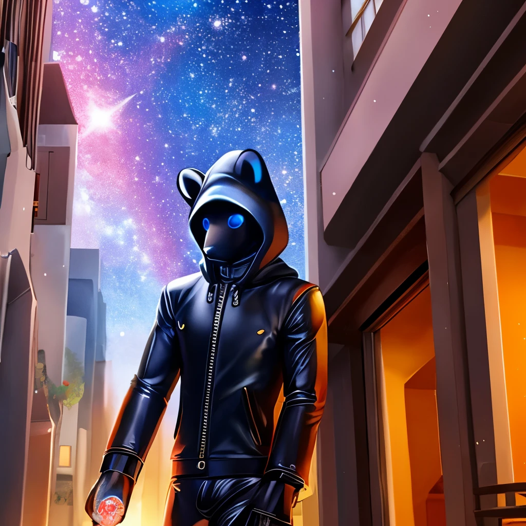 white furred bear in an alleyway wearing a full body leather suit that is zipped up with pants and jacket with the leather hood up at night facing foward with Blue eyes with stars glittering in the sky and holding a black crystal ball, a starry Galaxy within it