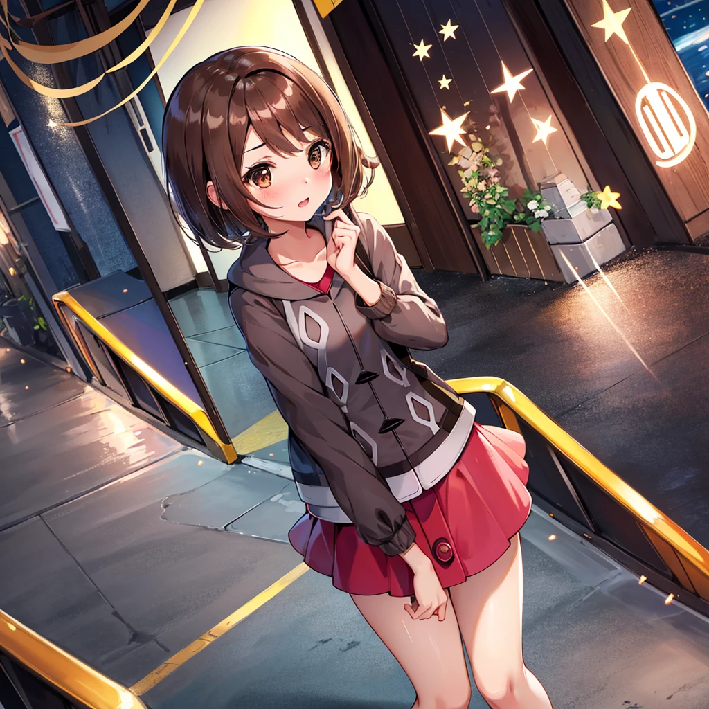 masterpiece, Highest quality, High resolution, Gloria 1, 1 Girl, Gua\(Pokemon\), Brown Hair, , Brown eyes, , short hair, , Bobcut, bangs, , 　１Depict the girl carefully　１　Expressions of affection　blush　Open your mouth　blush　city　Jacket　shirt　mini skirt　Night Moon　firework　festival