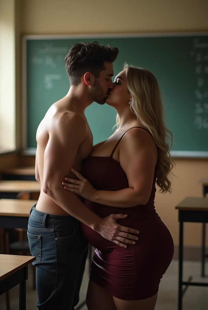 Sexy 21 years young student ((boy)) smooching naughty 55 years mature busty fat woman ((teacher)), kiss , classroom ,full body