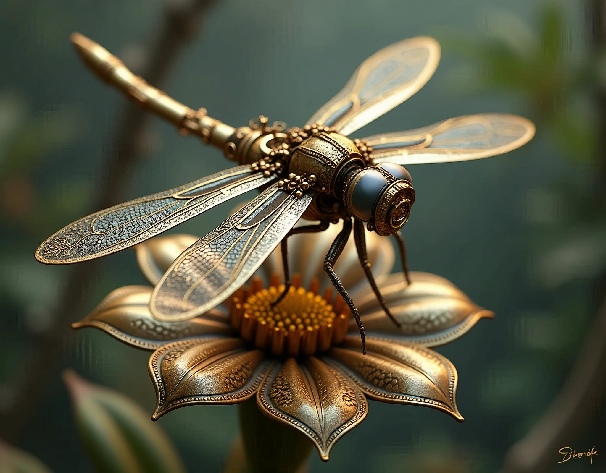 magic mechanical elegant dragonfly, ancient mechanism, fantasy art, ancient civilization, sitting on the bronze mechanical flower, from above