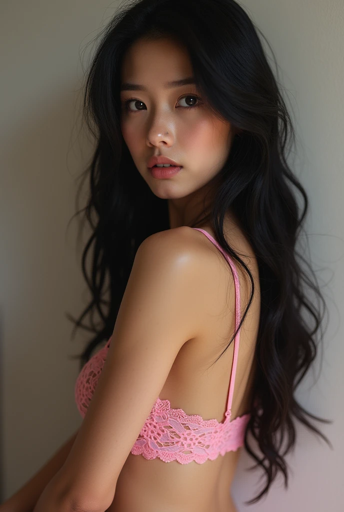 sexy girl in bathroom，Charming eyes，Heartwarming action，Turn your face away from the camera，stooped，Bend over，turn back，Look up at your head，thick long hair，Highly detailed body，Highly detailed face，best qualtiy、(pink  bra),