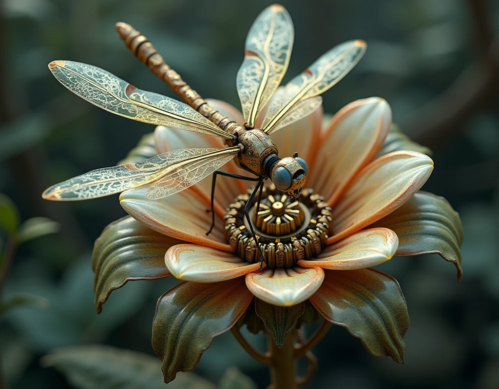 magic mechanical elegant dragonfly, ancient mechanism, fantasy art, ancient civilization, sitting on the mechanical flower, from above