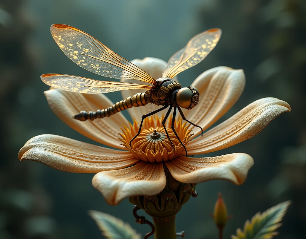 magic mechanical elegant dragonfly, ancient mechanism, fantasy art, ancient civilization, sitting on the mechanical flower, from above