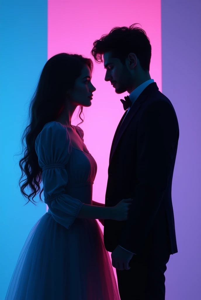 a teenage couple facing each other, she is an inventor, he has expensive clothes, solid blue and pink color background, enemies to lovers, love and chaos, silhouettes, detailed clothes, poor clothes and rich man clothes detailed, dramatic lighting, enemies to lovers, cinematic, vibrant colors, award-winning illustration, digital painting, 8k, drawn image, 2d, best quality, masterpiece