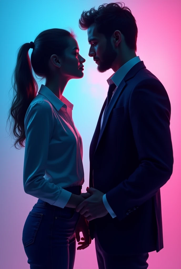 a teenage couple facing each other, she is an inventor, he has expensive clothes, solid blue and pink color background, enemies to lovers, love and chaos, silhouettes, detailed clothes, poor clothes and rich man clothes detailed, dramatic lighting, enemies to lovers, cinematic, vibrant colors, award-winning illustration, digital painting, 8k, drawn image, 2d, best quality, masterpiece