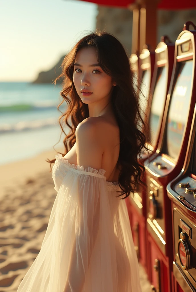 Cute and beautiful Asian adult girl "white" Dress on the beach playing gambling machines