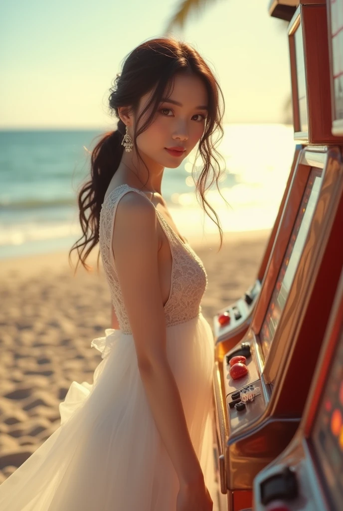 Cute and beautiful Asian adult girl "white" Dress on the beach playing gambling machines