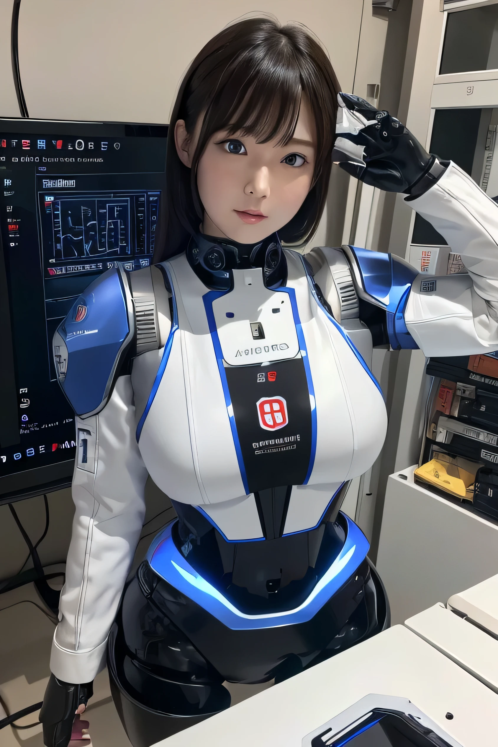 masterpiece, best quality, extremely detailed, 8k portrait,Japaese android girl,Plump ,control panels,android,Droid,Mechanical Hand, Robot arms and legs,Blunt bangs,perfect robot girl,long tube,thick cable connected her neck,android,robot,humanoid,cyborg,japanese cyborg girl ,robot-assembly plant,white robot body,She has assembled now,assembly scene,chest monitor,blue eyes,