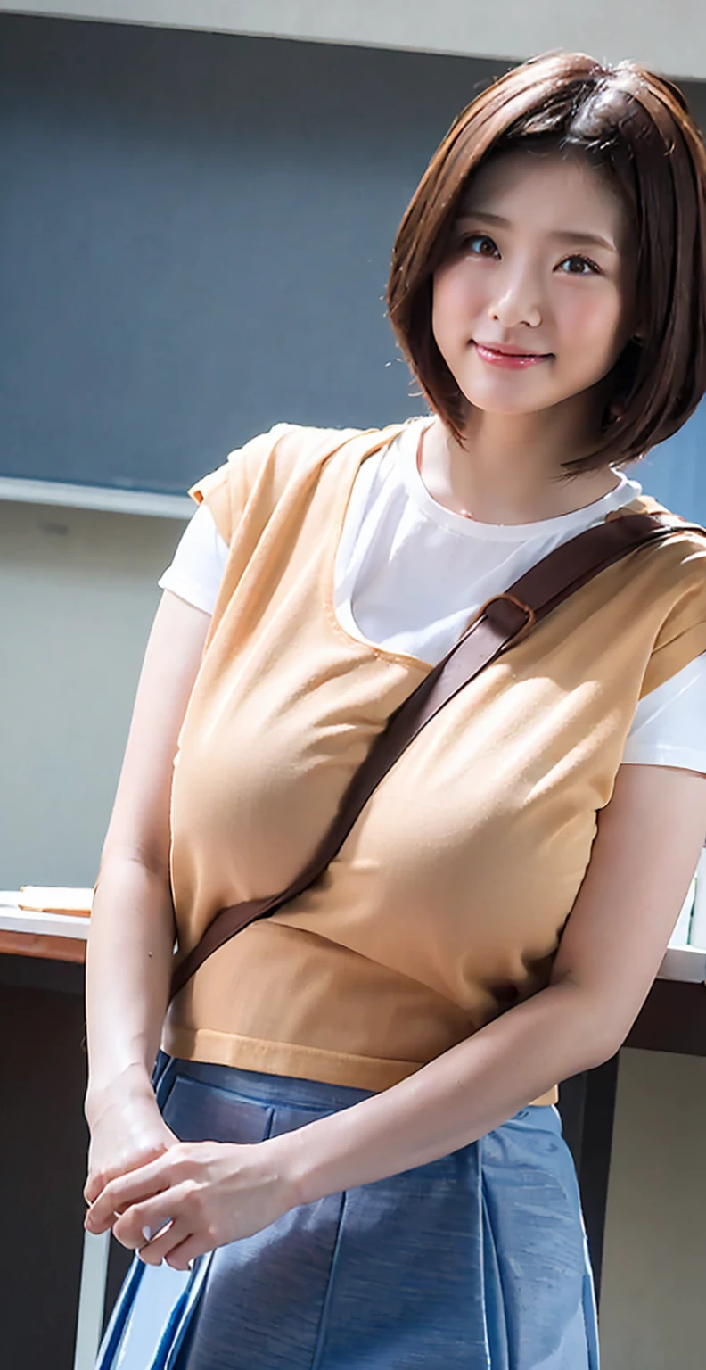  Highest quality, shape, Very detailed, finely, High resolution, 8k wallpaper, Perfect dynamic composition, Beautiful and exquisite,  Natural Lip, whole body, front,Shyness、Embarrassed expression、Large Breasts、Slightly sagging breasts、Bob Cut Hair、University classroom、Pleated skirt、((Looking into the camera))、Brown Hair、Knit shirt、Big Breasts