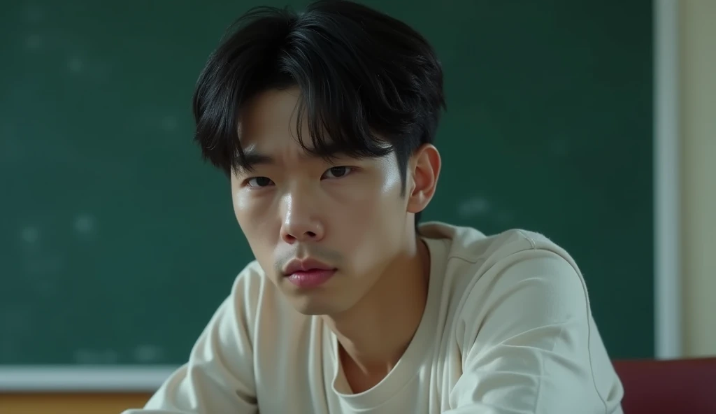 A Japanese male college student is sitting in a classroom, looking glum and dejected.,Excited, Photo of your face, Against the background of the blackboard, with a natural look, With a slightly tired look, tilt your face a little, Diagonal orientation, Average face
