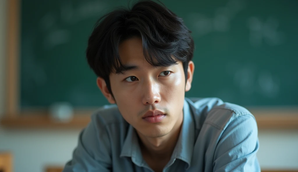 A Japanese male college student is sitting in a classroom, looking glum and dejected.,Excited, Photo of your face, Against the background of the blackboard, with a natural look, With a slightly tired look, tilt your face a little, Diagonal orientation, Average face