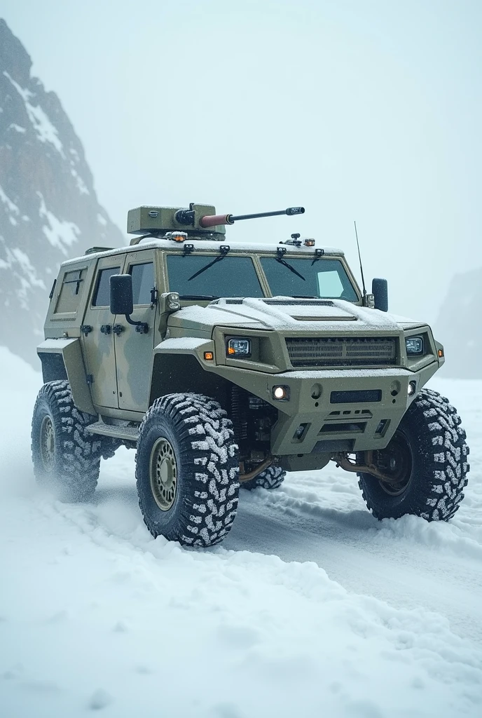 A modern military infantry taxi. It is driving through a snow storm. Very realistic. Make it as modern as possible