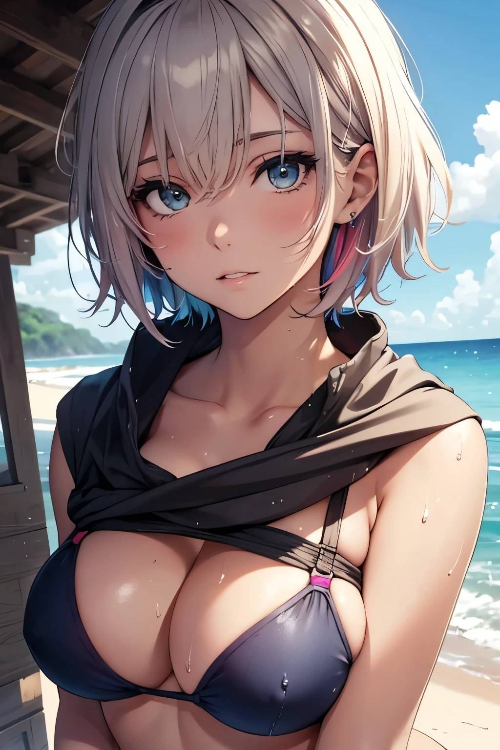 Masterpiece, Best Quality, Beautiful Girl, Beautiful Face, Multicolor Hair, Short Hair, Sea, Bikini, Sweat, Wet Skin, Big Breasts, Cleavage, Sexy,