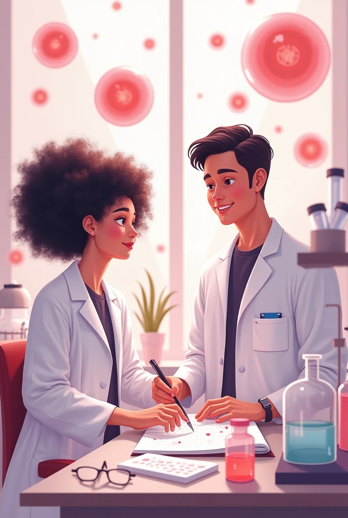 a drawing of two scientists using things that scientists use, a scientist's lab coat and so on, but it has to have things related to thrombosis disease, whether it's blood clots, graphics, something like that, anything that is meta to thrombosis, I want the girl to have curly hair (not curly) black curls, medium size and the boy very short hair, very dark brown, a little bit fatter than , nothing special, I want the palette in shades of pink, not completely pink, obviously, but I want a lighter background, I don't want something too vibrant, I want them to be in a laboratory, something that refers to science