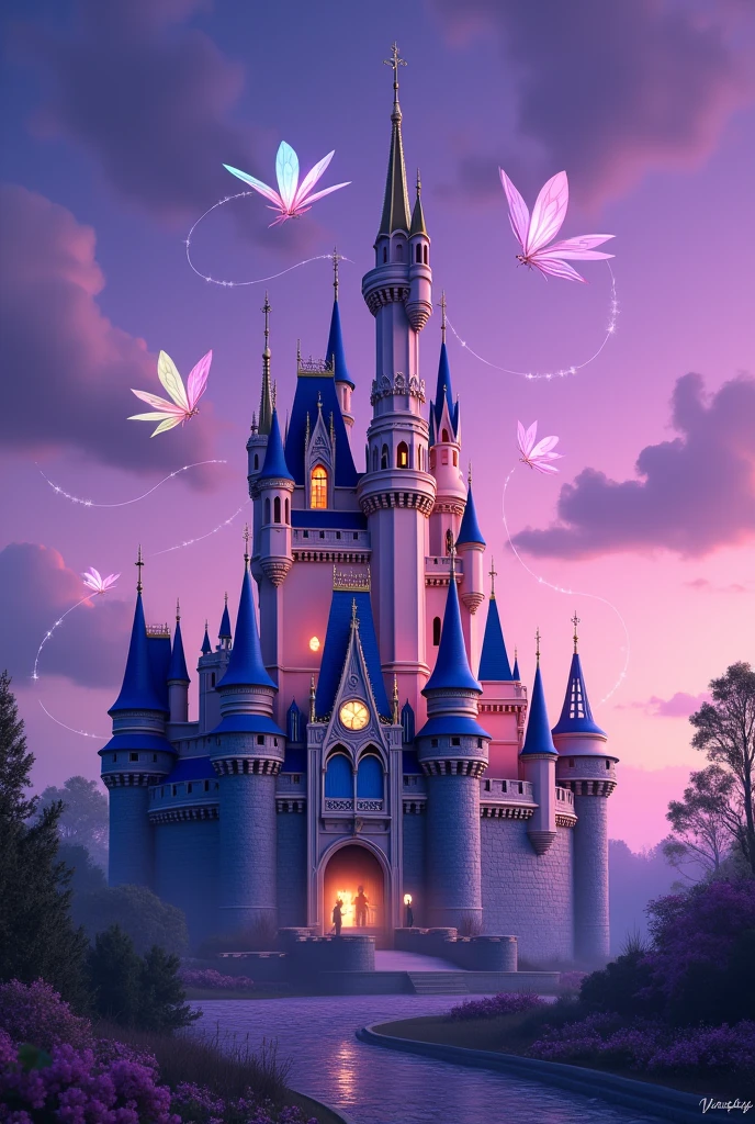 Disney castle with purple background and fairies