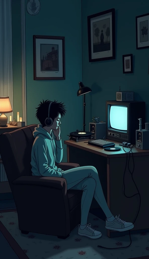 night、Listen to music in a cozy room, Using headphones, 2D-style animation, Lo-Fi, hard disk, Dark Environment