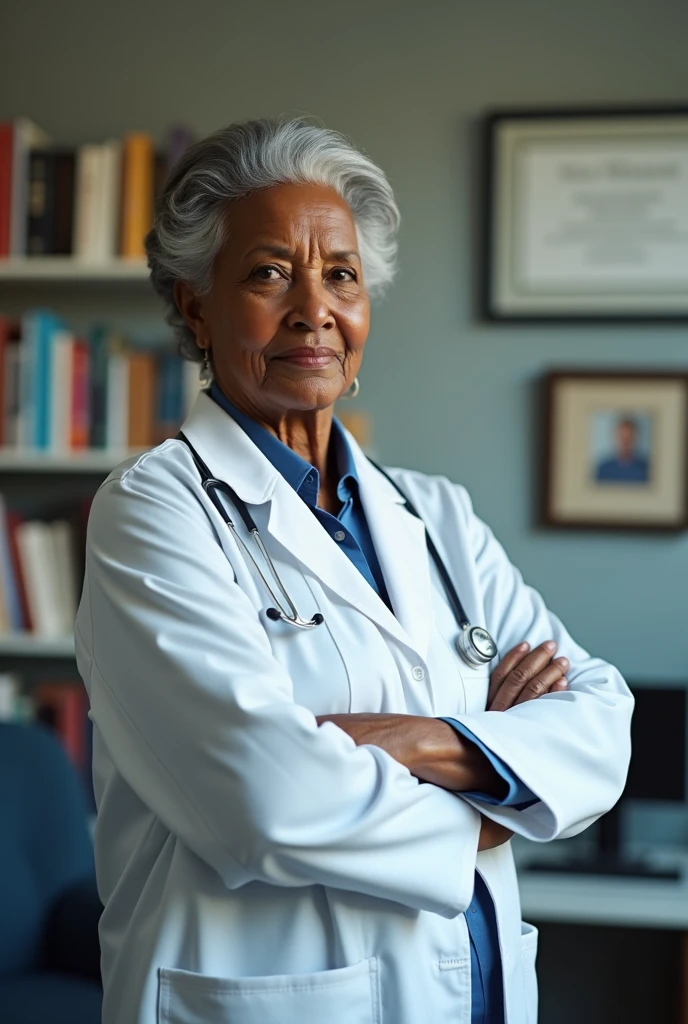 Create me a picture of an elderly black female doctor 