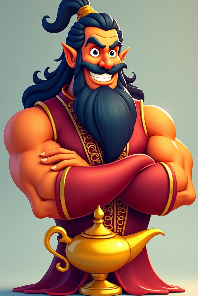 a genie coming out of a golden magic lamp , He has a pointy, long beard, very dark hair , with a slightly evil look and a smile, arms crossed and his hues are reddish orange and red, He wears a genius vest, The image needs to look like a company logo, a very simple image in the 3D cartoon category
