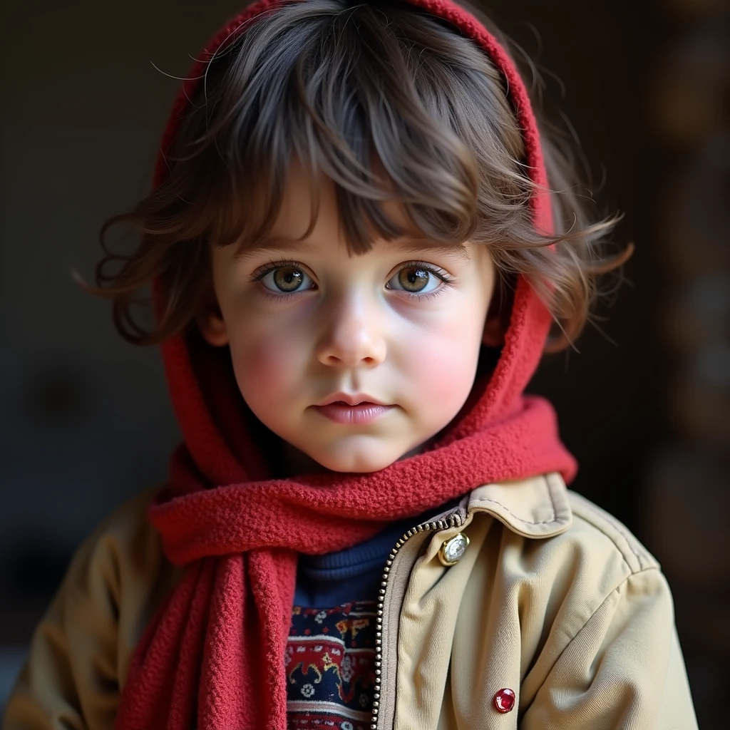 (highly detailed, soft light, photorealistic, dynamic light; cinematic); victorian-era; 1820s; 5 year old boy; English; cute little boy; shy expression; pallid skin; sickly looking; large blue eyes; dark-brown eyebrows; 1820s warm brown woolen coat; short straight dark-brown hair in 1820's hairstyle; standing inside a 1820s Canadian log cabin with snow outside; looking at camera
