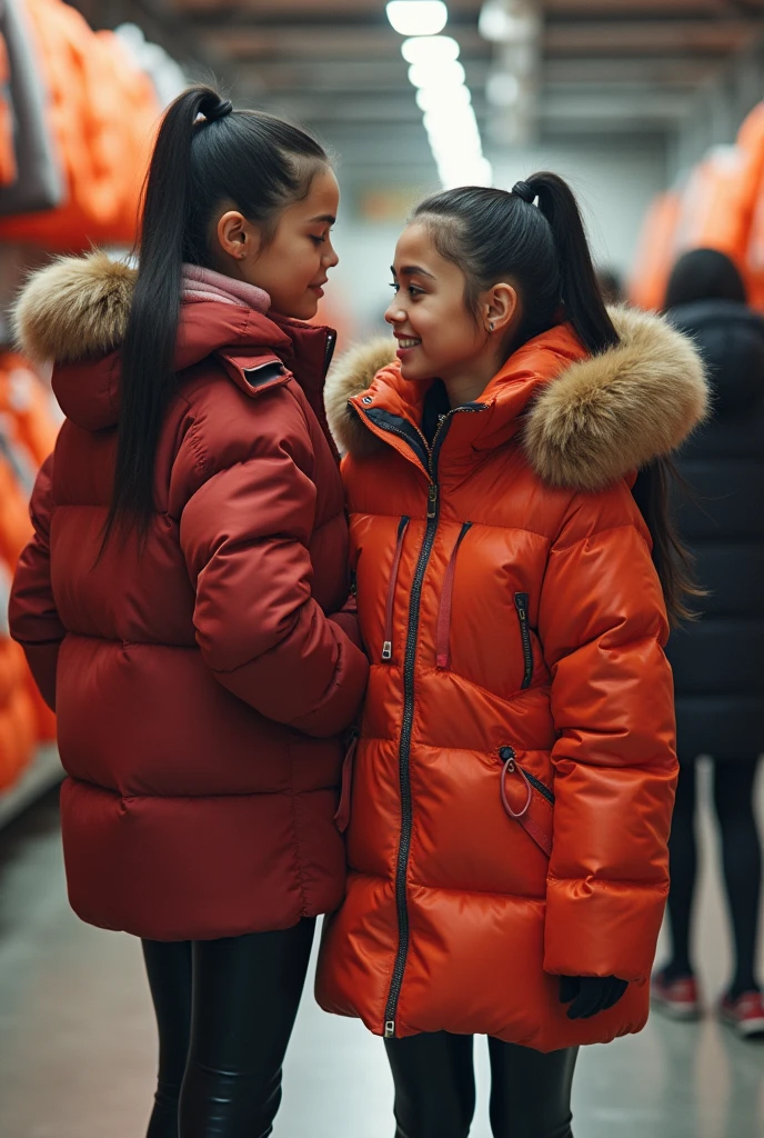 a slim ponytail 16 year old girl and her bestie walking in a puffershop,beautiful detailed eyes,beautiful freckles,beautiful detailed lips,extremely detailed eyes and face,longeyelashes, wearing beautiful detailed full length skintight airtight hood covering her head formfitting duvetica overfilled shiny super gleamy super thick glossy puffervest covering over her super padded high-collared pufferjacket, shiny latex leggings,symmetrical,masterpiece,cinematic,lifelike,hyperrealistic,8k,photorealistic,highly detailed,intricate,exquisite,elegant,beautiful,stunning