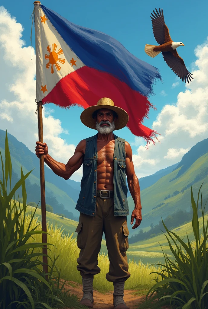 a farmer carrying flag of the phillipines with an eagle