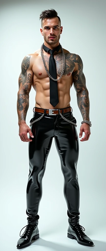 Fullbody standing picture of white skin Handsome muscular horny sexy groom wearing tight skinny shiny vinyl suit with tie, shiny black Disconnected Pompadour oiled hair style, blue eyes, shiny varnished vinyl brown shoes, brown belt, red lip, chain, tattoos, horny, cum shot, sperm, milking penis, very big penis, very big testicle, shiny oiled skin, orgasm, oversexed, masturbation, standing at white lighting show room.