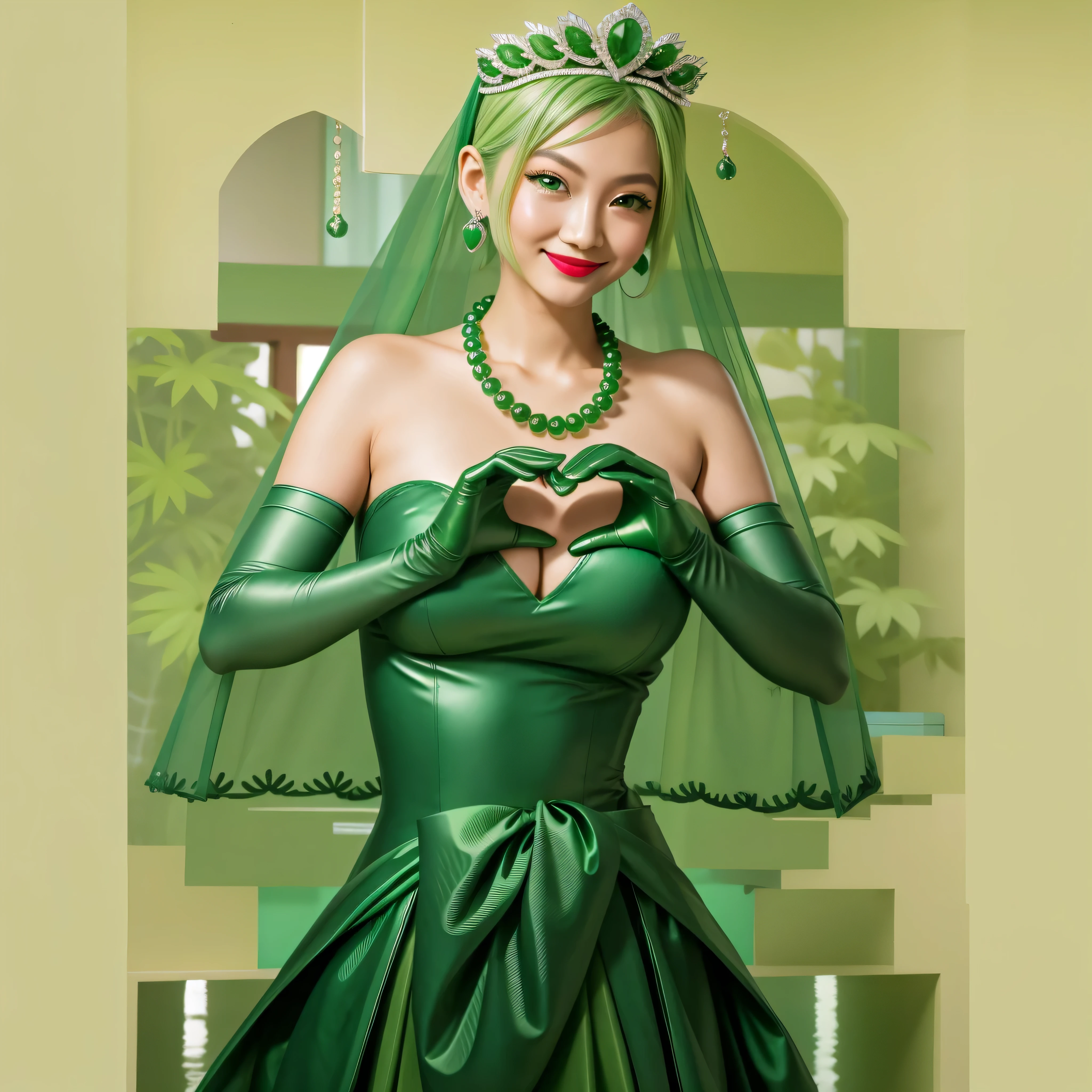 Emerald tiara, Green Pearl Necklace, Boyish very short green hair, Green Lips, Smiling Japanese woman, Very short hair, Busty beautiful lady, Green Eyes, Green satin long gloves, Green Eyes, Emerald Earrings, Green veil, Heart with both hands, Green Hair, Beautiful Japanese Woman, Heart shaped hands:1.3, green lip gloss