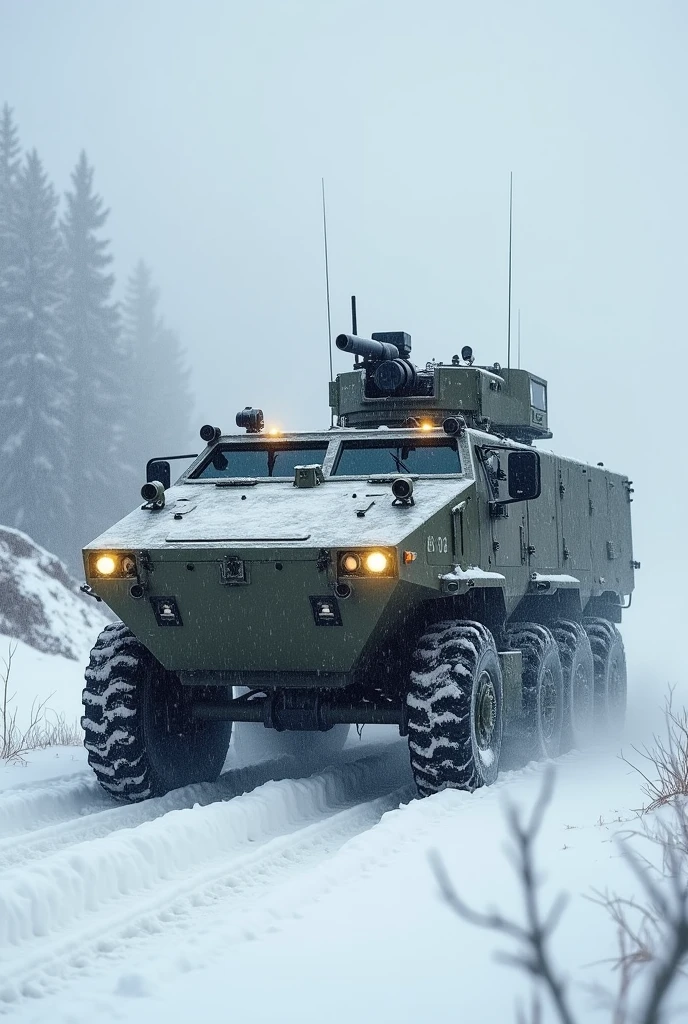 A  modern military infantry taxi with a 35mm cannon on it. It is driving through a snow storm. Very realistic