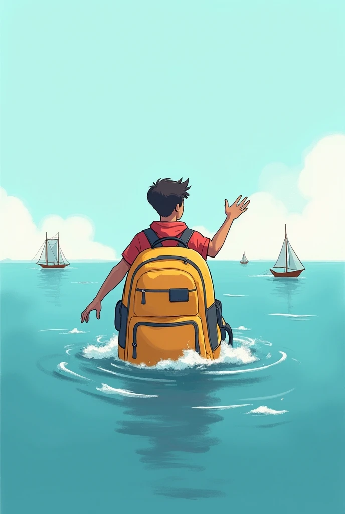 A backpack floating on the sea with an adventurous college student on top of it with an m[the boats in the background, in a simple drawing style


