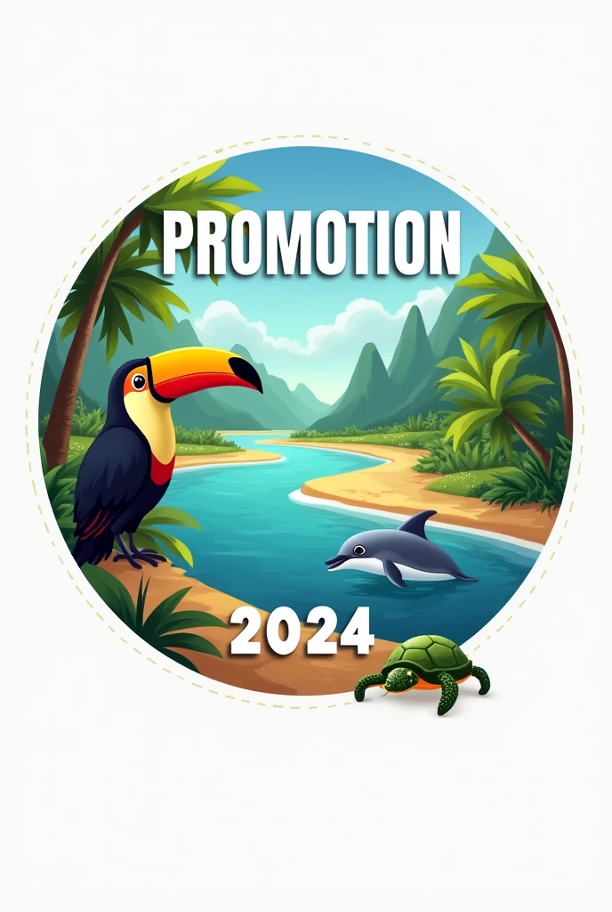 Create a graduation logo in a circle that says 'Promotion' at the top and '2024' at the bottom. The background should have a river and a dirt road with a toucan on the road and a dolphin in the river. At the bottom of the logo, there should be two turtles.