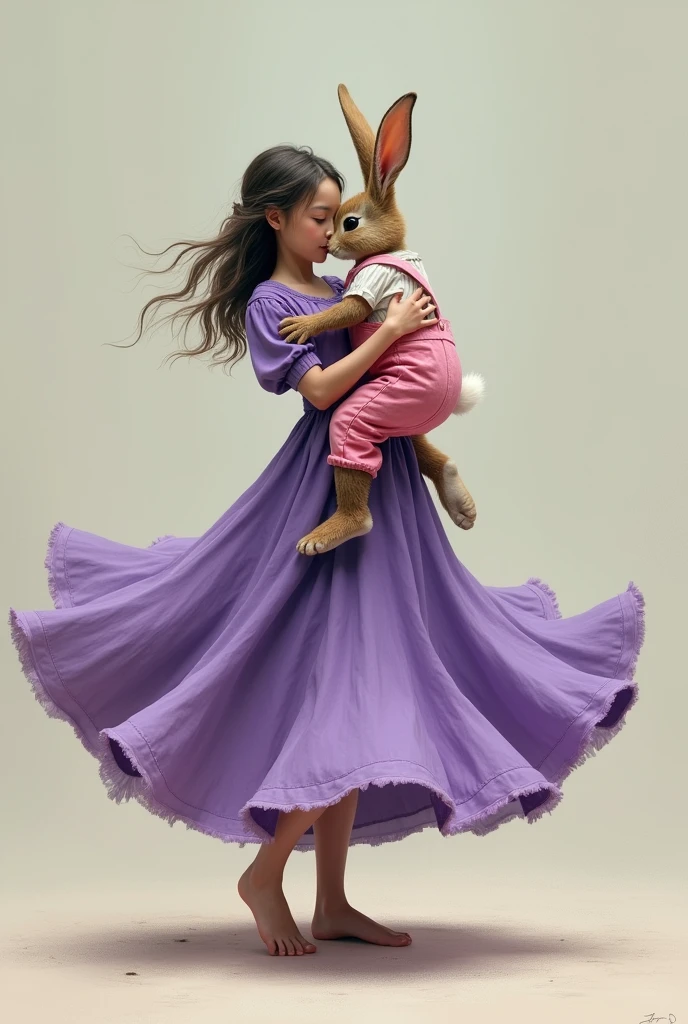 one  ( off ) wearing a purple, twirling dress, hugging a rabbit wearing pink overalls 


