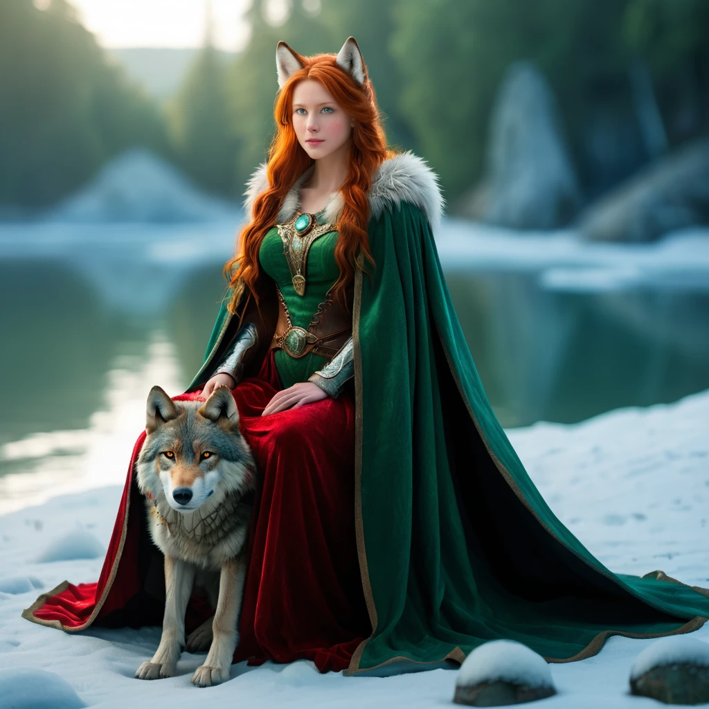 photorrealistic, whole body, a woman-like figure (pregnant woman) with fantastic features. She has emerald green eyes, with long, straight red hair. On his head he has a big, ornament in the shape of animal ears ( wolf's ears, with red hair), Dressed in a cape, On the back of the head, lavishly decorated. Your eyes are attractive, large and appears to have a bright emerald iris. Her face has refined features and her lips are slightly pursed.. She sits on a stone with her knee bent to the sides in an elegant, fluid poses, with her hands resting gently on her protruding belly. Her clothing is detailed and ornate.(medieval style), resembling a light fur coat or a winter dress, with elements resembling feathers decorating the collar and sides. The background is hazy, with an implied landscape of water or ice, giving the whole image an ethereal and mysterious feel. The character can be interpreted as a warrior from another world or dimension.. 