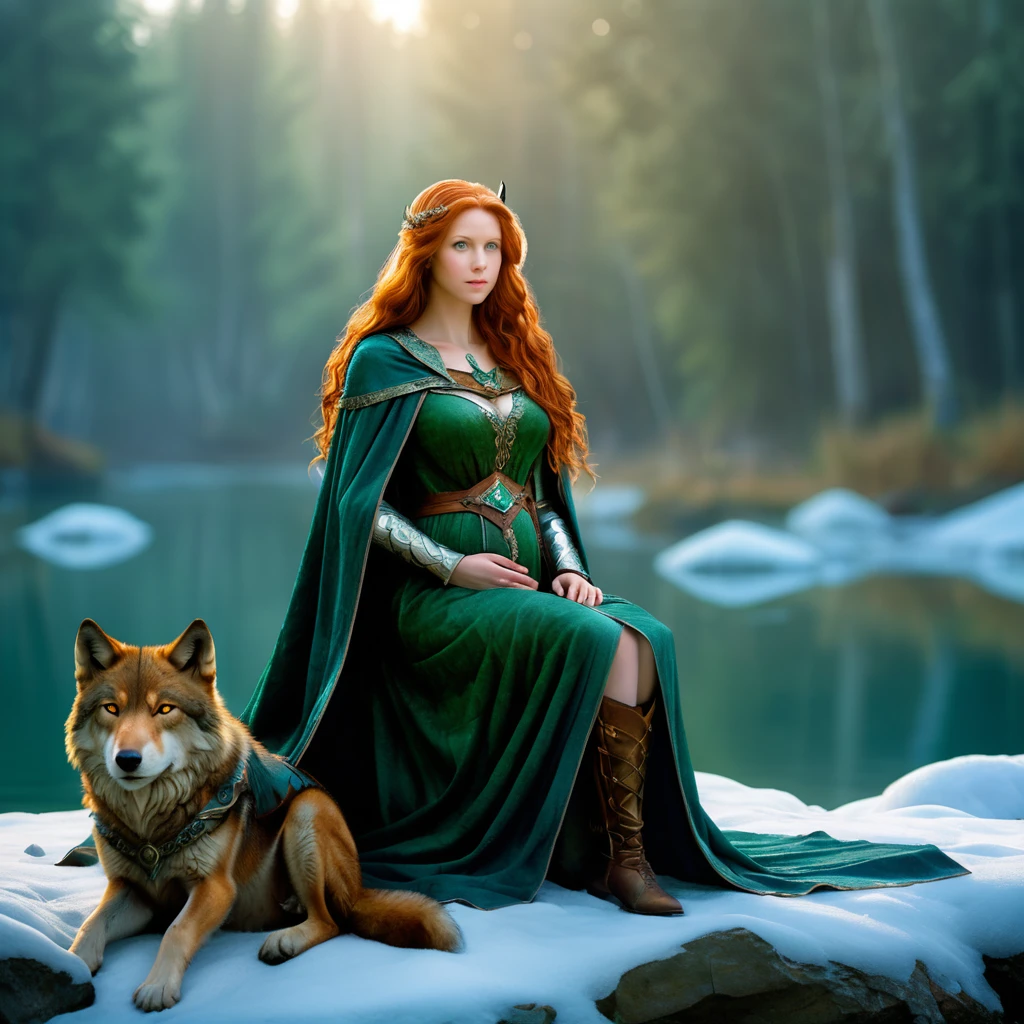 photorrealistic, whole body, a woman-like figure (pregnant woman) with fantastic features. She has emerald green eyes, with long, straight red hair. On his head he has a big, ornament in the shape of animal ears ( wolf's ears, with red hair), Dressed in a cape, On the back of the head, lavishly decorated. Your eyes are attractive, large and appears to have a bright emerald iris. Her face has refined features and her lips are slightly pursed.. She sits on a stone with her knee bent to the sides in an elegant, fluid poses, with her hands resting gently on her protruding belly. Her clothing is detailed and ornate.(medieval style), resembling a light fur coat or a winter dress, with elements resembling feathers decorating the collar and sides. The background is hazy, with an implied landscape of water or ice, giving the whole image an ethereal and mysterious feel. The character can be interpreted as a warrior from another world or dimension.. 