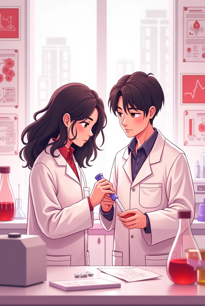 a drawing of two scientists using things that scientists use, a scientist's lab coat and so on, but it has to have things related to thrombosis disease, whether it's blood clots, graphics, something like that, anything that is meta to thrombosis, I want the girl to have wavy hair, blackw, medium size and very short hair, very dark brown, a little bit fatter than , nothing special, I want the palette in shades of pink, not completely pink, obviously, but I want a lighter background, I don't want something too vibrant, I want them to be in a laboratory, something that refers to science
