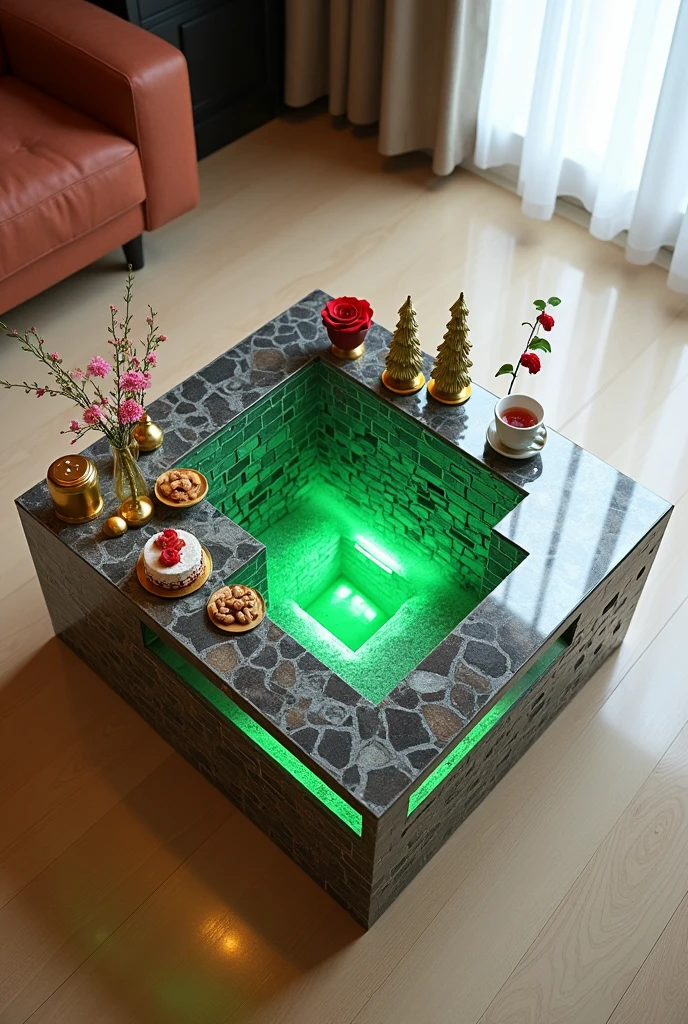 Small square coffee table handcrafted, featuring a two-way mirrored glass top that reflects a stunning visual effect inside that resembles a tunnel, a deep, endless well, and an endless staircase lit from the inside with warm green LED lighting. The sides are covered with brick wallpaper that simulates the look of 3D textured wallpaper.. The table is decorated with simple decorations such as golden pedestals, small flowers, a cake and nuts, and contains a red rose and a tea cup. . The table is placed on a light-colored wooden floor.. The table design combines simplicity and elegance with a touch of modernity, making it a distinctive piece of art in any room or living room.