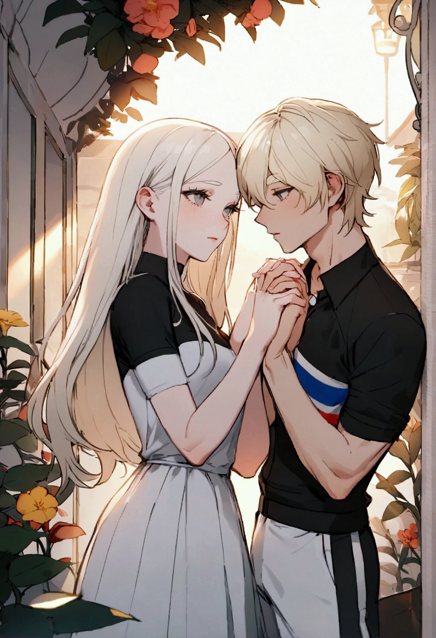 A 20-year-old Ecuadorian albino male with platinum blonde hair, gray eyes, and light blonde eyebrows and lashes, dressed in a sporty outfit in white, black, and light blue, featuring the number '03' and the Ecuadorian flag. He stands with his 3D manhwa-style girlfriend, whose outfit mirrors the colors of the South Korean flag. They are in a romantic setting, perhaps a dimly lit café terrace or a tranquil garden with soft lighting and blooming flowers, holding hands and sharing a tender moment.