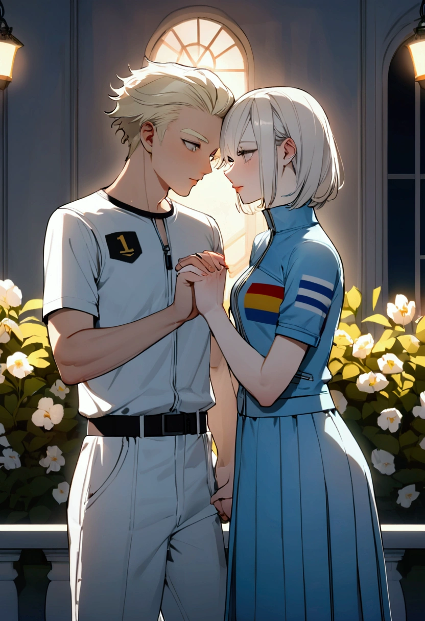 A 20-year-old Ecuadorian albino male with platinum blonde hair, gray eyes, and light blonde eyebrows and lashes, dressed in a sporty outfit in white, black, and light blue, featuring the number '03' and the Ecuadorian flag. He stands with his 3D manhwa-style girlfriend, whose outfit mirrors the colors of the South Korean flag. They are in a romantic setting, perhaps a dimly lit café terrace or a tranquil garden with soft lighting and blooming flowers, holding hands and sharing a tender moment.
