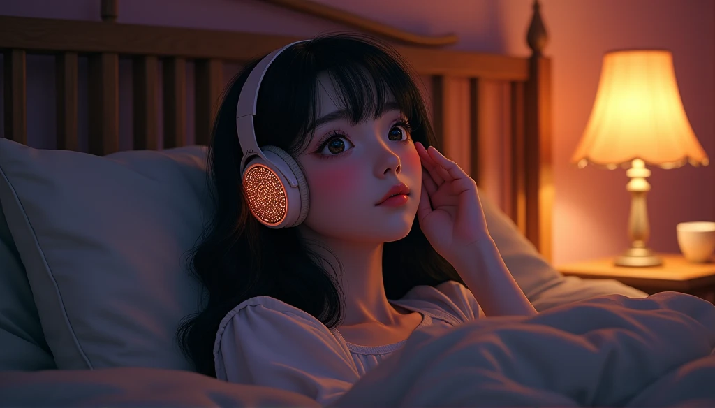 a girl in a cozy room listening to music at night, wearing headphones, 2D anime style, lo-fi, detailed background, cinematic lighting, soft colors, beautiful detailed eyes, beautiful detailed lips, extremely detailed face, elegant pose, warm atmosphere, glowing desk lamp, retro aesthetic, beautiful detailed ears, realistic textures, detailed shadows, detailed highlights, vibrant colors, dreamlike mood, photorealistic, (best quality,8k,highres,masterpiece:1.2),ultra-detailed,(realistic,photorealistic,photo-realistic:1.37)