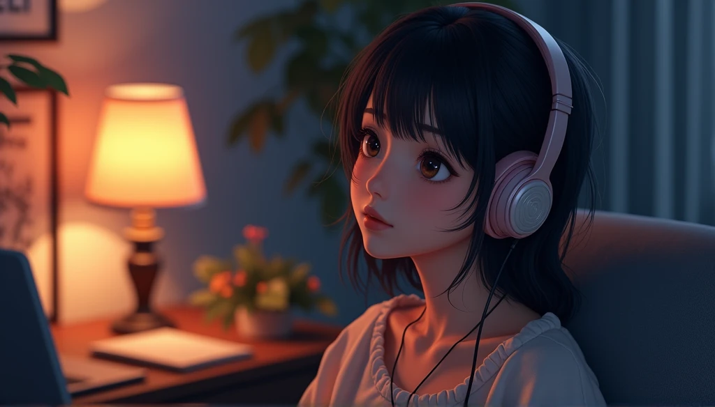 a girl in a cozy room listening to music at night, wearing headphones, 2D anime style, lo-fi, detailed background, cinematic lighting, soft colors, beautiful detailed eyes, beautiful detailed lips, extremely detailed face, elegant pose, warm atmosphere, glowing desk lamp, retro aesthetic, beautiful detailed ears, realistic textures, detailed shadows, detailed highlights, vibrant colors, dreamlike mood, photorealistic, (best quality,8k,highres,masterpiece:1.2),ultra-detailed,(realistic,photorealistic,photo-realistic:1.37)