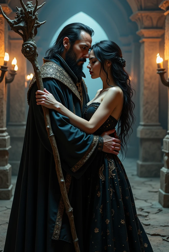 Draw Keanu Reeves as a wizard receiving a motherly embrace from Megan Fox as a vampire mage, in a crypt lair of undead Dungeons and Dragons style. 8k, realisitic